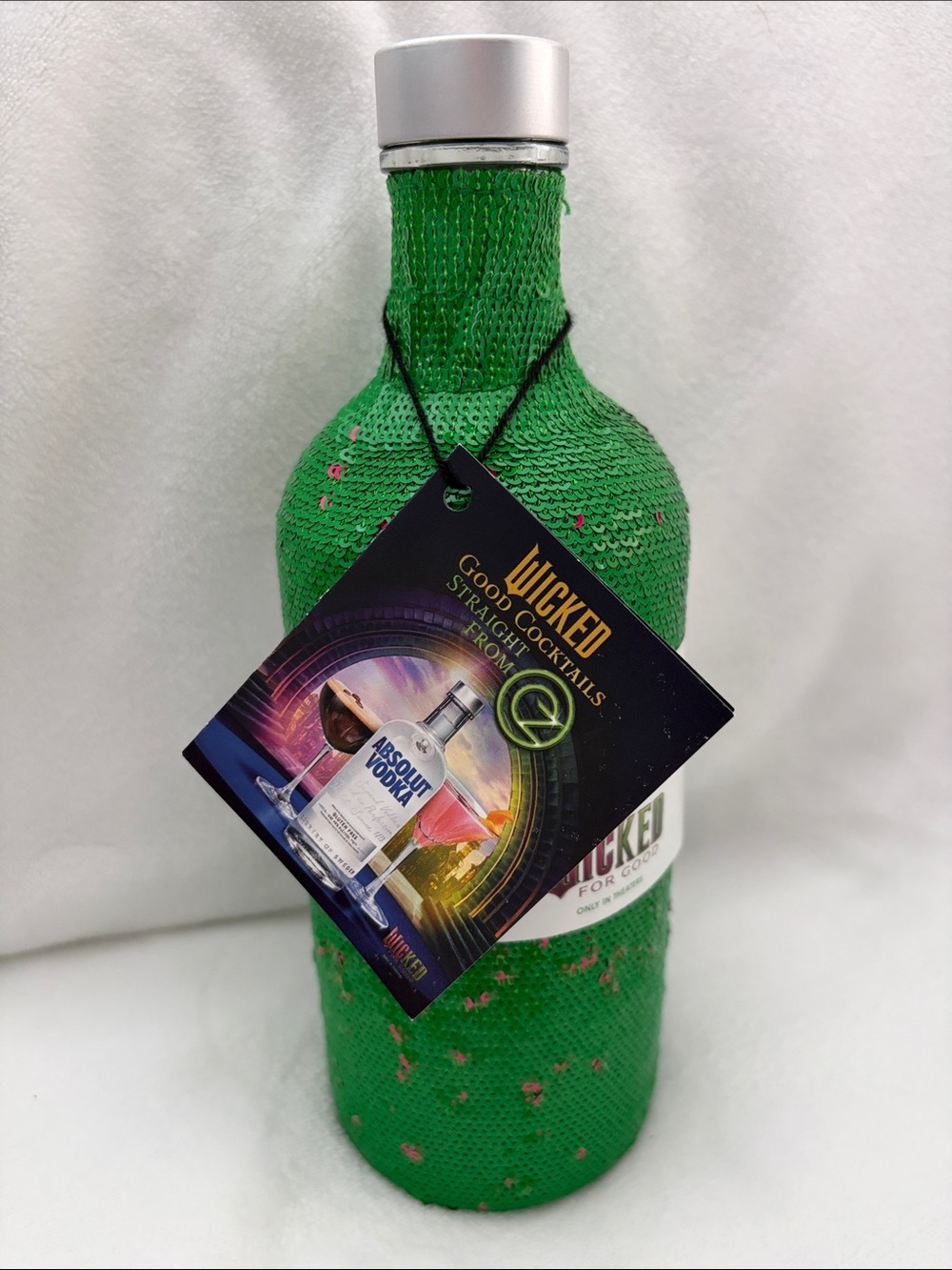 Wicked green pink sequin bottle cover empty absolut zips recipe card DZ